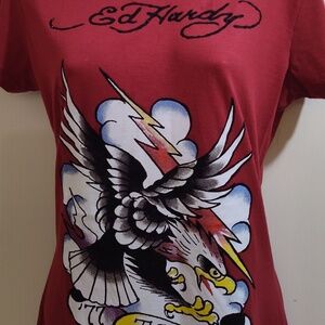 Ed Hardy Red with Eagle Graphics Rhinestone Logo Name Size Large 77 Tattoo Tee
